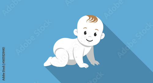 Delightful depiction of a crawling baby on a blue backdrop with smooth shading that highlight innocence and growth stage of infant development