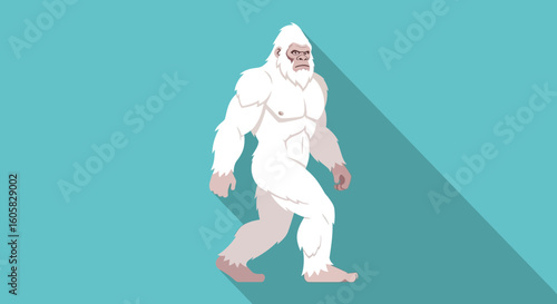 Flat Vector Illustration of an Abominable Snowman Walking on a Turquoise Background with Long Shadow Casting, Vector Icon Design
