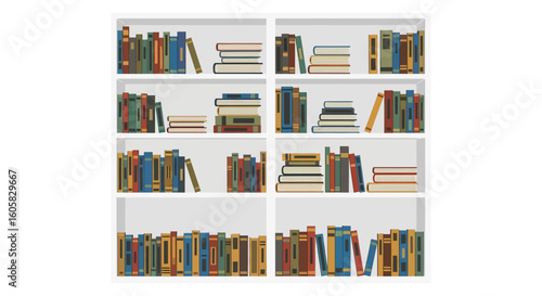 Illustrated bookshelf featuring colorful books for study, inspiration, or reading themed designs and educational backdrops