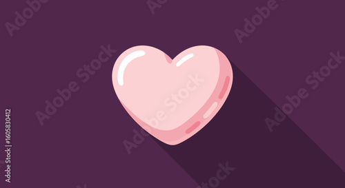 Stylized Heart with Long Shadow on a Deep Purple Background, Perfect for Romantic Designs or Heartfelt Messages