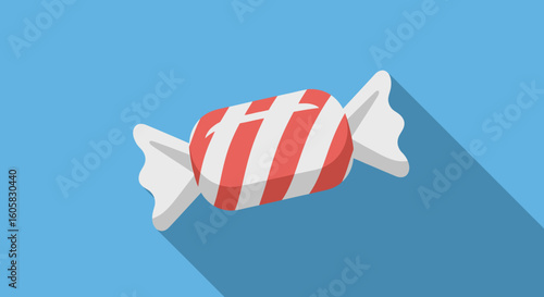 Vector illustration featuring a classic wrapped candy with red stripes and white wrapper against a blue background, simple style