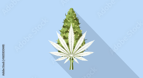 Modern Cannabis Illustration: Leaf and Bud Design on Light Blue Background Showing Its Distinctive Shape and Texture
