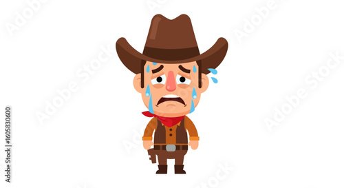 Distressed Cowboy Cartoon Character Expressing Fear and Anxiety on White Backdrop Depiction of a Scared and Sweating Cartoon Cowboy