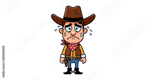 Distressed Cartoon Cowboy Character with a Brown Hat and a Worried Expression under pressure on white background