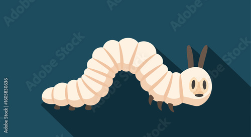 Delightful cream colored cartoon caterpillar illustration on a dark teal backdrop displaying a playful illustration of a crawling insect