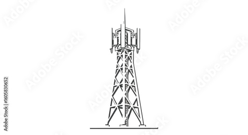 Illustrated communication tower transmitting wireless signals for global connection network isolated illustration in monochrome color tone