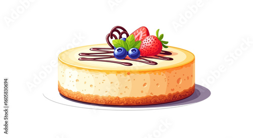 Delicious Cheesecake Dessert Topped with Fresh Berries and Chocolate Decoration Depiction