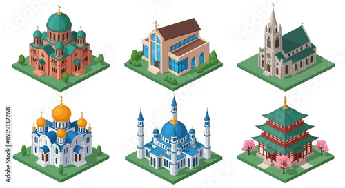 Isometric illustration showcasing six different religious buildings: Orthodox church, Protestant church, Gothic church, mosque, synagogue, and pagoda.