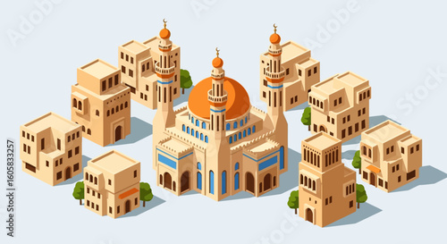 Isometric illustration of a mosque with a large dome and minarets, surrounded by cubic buildings in a Middle Eastern architectural style.