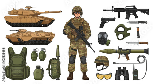 Illustration of a soldier in camouflage uniform standing with a rifle, surrounded by military equipment, including tanks, weapons, and gear.