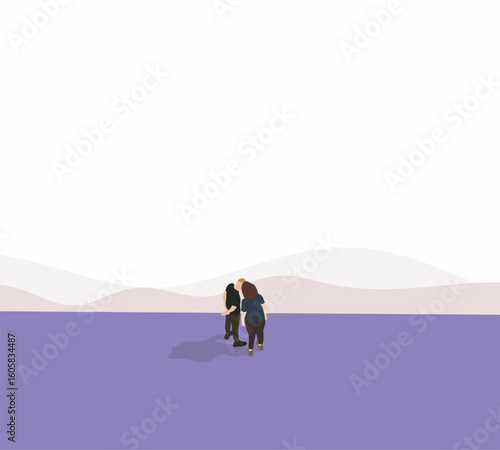 Couple kissing on purple public park. Romantic Date on holiday vacation. Travel outdoor summer. Modern minimal art design.