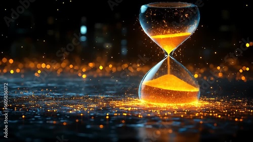 An artistic hourglass filled with glowing golden sand, set against a dark, shimmering background