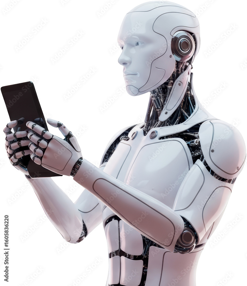 Naklejka premium Humanoid robot holding a tablet device in its hands showcasing advanced technology and artificial intelligence transparent background