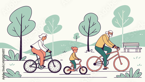 Family enjoys a bike ride through a park on a sunny day