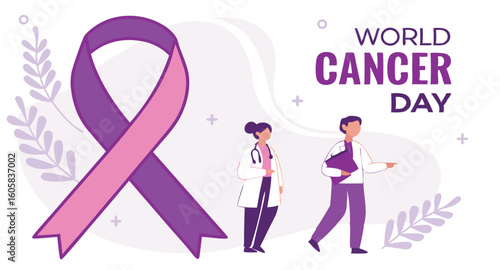World cancer day banner with purple gradient and awareness ribbon