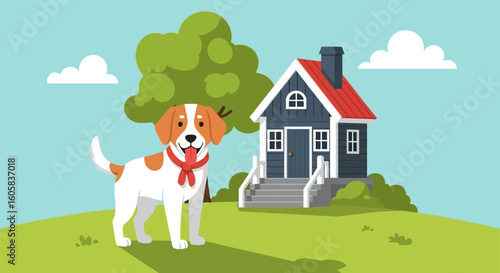 Cartoon Dog near House, Showing the Harmony of Pets and Home Life in a Whimsical Style