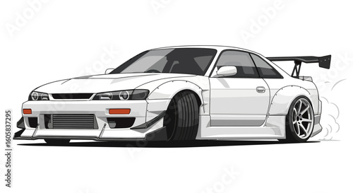 Stylized white sports coupe illustration featuring aggressive stance and smoke effects emphasizing high-performance visuals