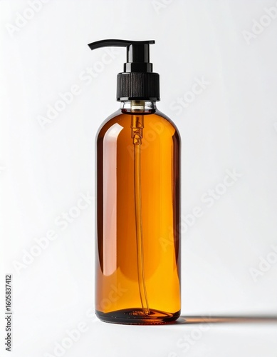 Amber Glass Bottle with Black Pump Dispenser on White Background in Studio Lighting