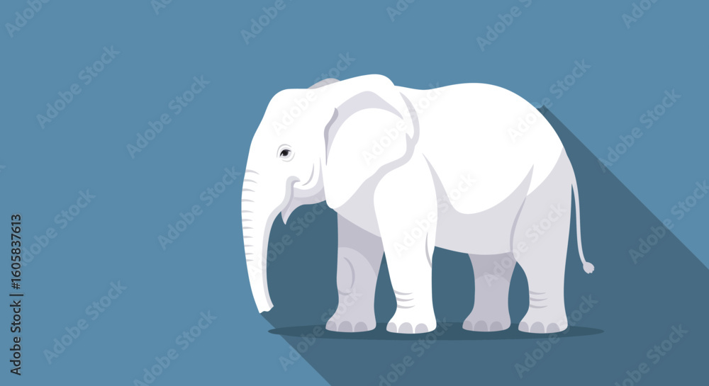 Fototapeta premium An illustration of a light gray elephant standing against a solid blue-gray background showing a simplified animal concept