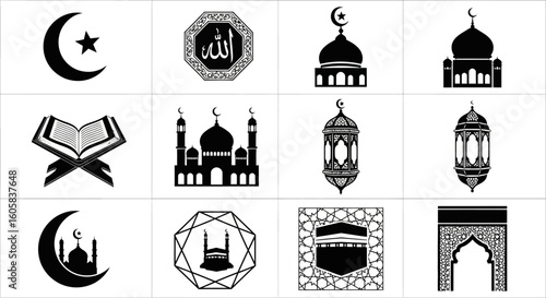 A collection of twelve black and white vector icons representing Islamic symbols, including the crescent moon, star, Allah name, mosque, lantern, Quran, and Kaaba.