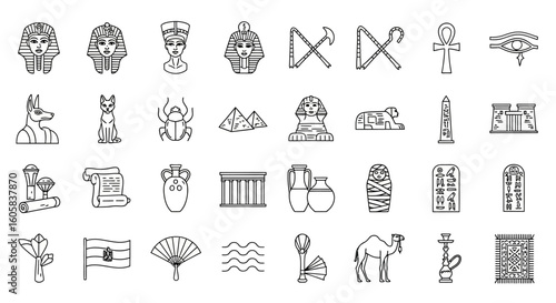 Collection of outlined Egyptian symbols and icons, including pharaohs, pyramids, hieroglyphs, gods, and other cultural artifacts.