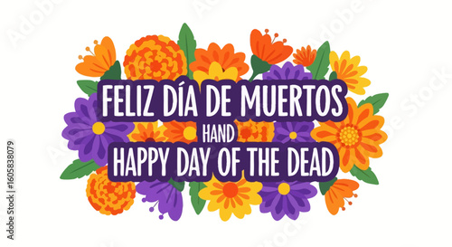 Floral arrangement for Day of the Dead celebration with inscription, cheerful colors convey vibrant cultural tradition and remembrance of loved ones