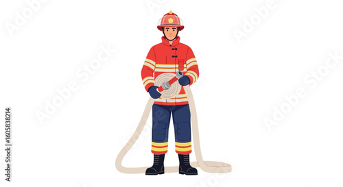 Brave firefighter in uniform holds fire hose ready for action against dangerous fire, a hero in readiness for urgent intervention and safety