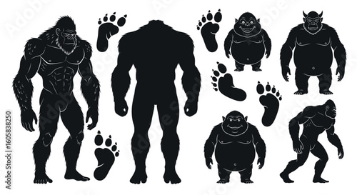 A collection of silhouette illustrations featuring mythical creatures like Bigfoot, trolls, and their footprints, depicted in various poses and sizes.