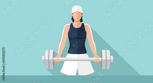 Vector illustration featuring a woman lifting barbell in minimalist style exercising for fitness and strength representing personal wellness routine