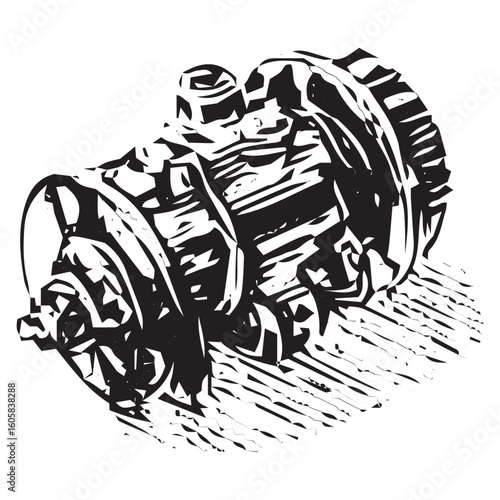 Rustic hand-drawn gearbox assembly, ideal for vintage engineering designs and industrial art