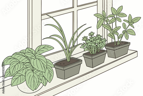 Potted herbs and plants on a windowsill illustration