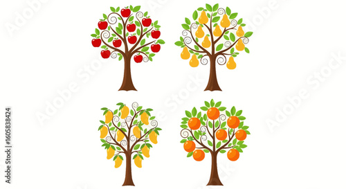 Four stylized fruit trees, each bearing a different fruit: apples, pears, mangoes, and oranges, against a white background.