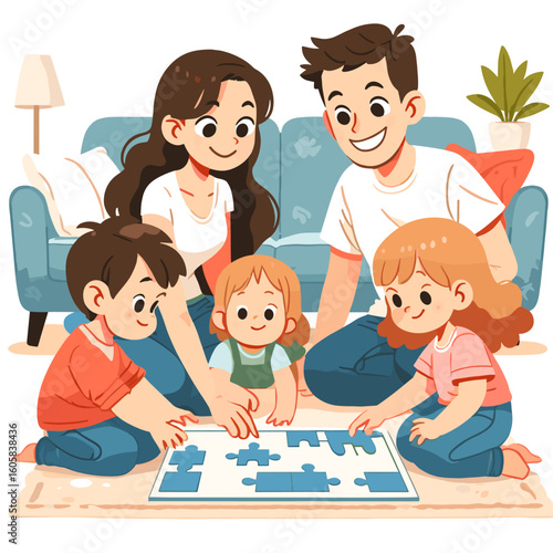 Happy Family Doing Jigsaw Puzzle Together on Carpet with Sofa and Plant