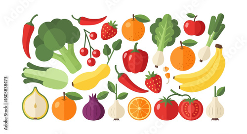 Colorful Flat Vector Illustration Featuring Various Fruits and Vegetables Arranged on White Background Promoting Healthy Eating and Fresh Produce
