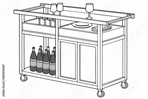 Mobile bar cart with wine bottles and glasses