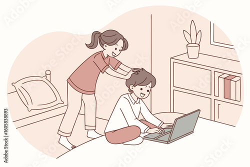 Sister gives brother a head massage while he uses laptop