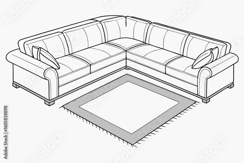 L shaped sectional sofa with throw pillows and rug illustration