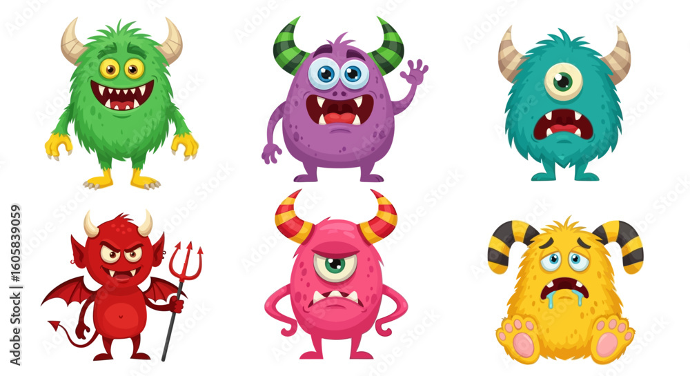Obraz premium Six cartoon monsters are displayed, each with different colors, horns, expressions, and features, against a white background.
