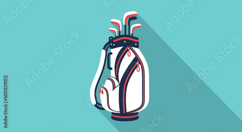 Stylish golfing equipment illustration on calming cyan background, perfect for course designs, golfing accessory ads and minimalistic sport