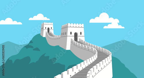 Iconic representation of the Great Wall of China under a bright blue sky with fluffy clouds featuring its architectural grandeur and fortification
