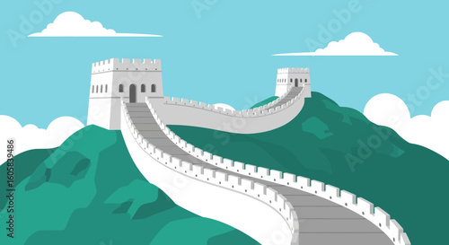 Magnificent winding wall traversing undulating verdant hills under a tranquil sky cartoon illustration vector art
