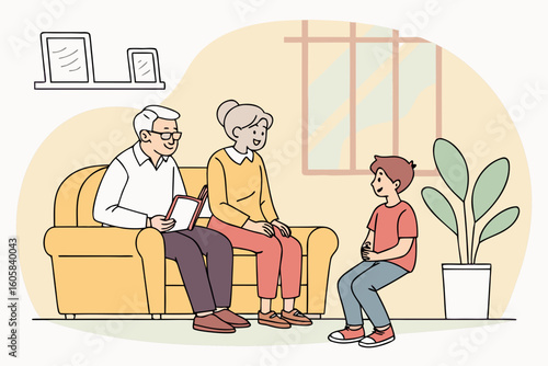 Grandparents reading a book to their grandson indoors