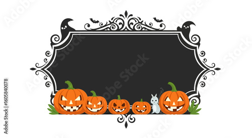 Halloween Festive Frame with Cheerful Pumpkins Bats and a Spooky Ghost Invitation Vector Image for Celebration 50 character minimum 100 character max