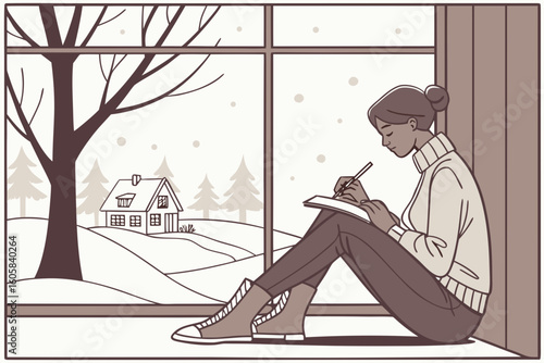Woman writing in notebook by window during winter snowfall