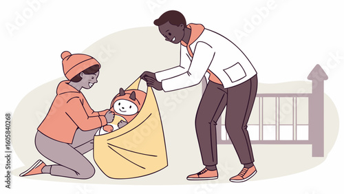 Parents lovingly place their baby in a crib