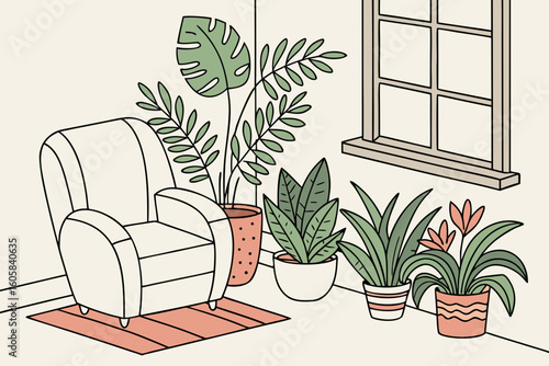 Cozy living room corner with armchair and potted plants