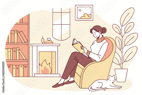 Woman reading book in armchair by fireplace with cat