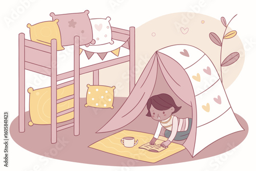 Girl reading a book inside a tent next to a bunk bed
