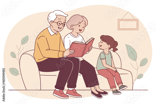 Grandparents reading a book to their granddaughter on the couch