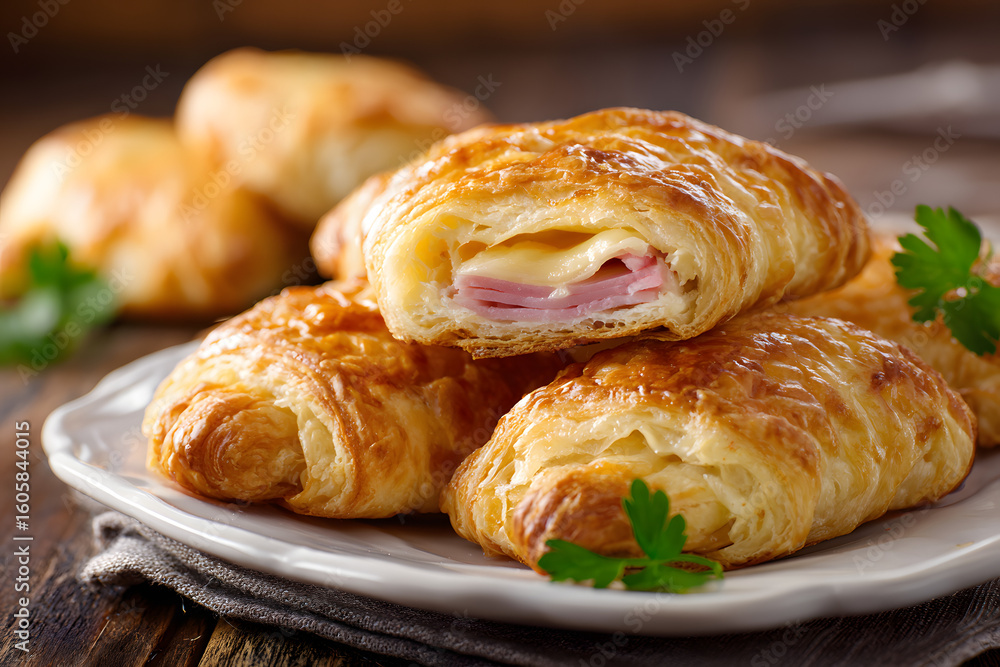 Delicious ham and cheese croissants with flaky layers on a plate Delicious ham and cheese croissants with flaky layers on a plate